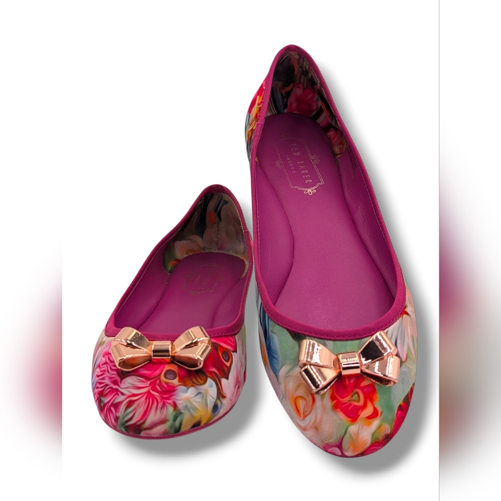 Ted Baker London IMME 2 Sz 9  Vibrant Floral Pink Ballet Flats Rosegold Bows - Picture 3 of 17